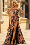 Black Pink Floral Mermaid Strapless Corset Long Prom Dress with Slit