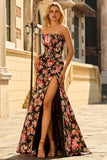 Black Pink Floral Mermaid Strapless Corset Long Prom Dress with Slit