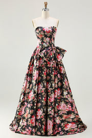 Black Pink Flower A Line Strapless Printed Long Prom Dress with Bow