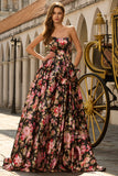 Black Pink A-Line Strapless Print Floral Long Prom Dress with Bow