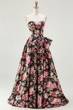 Black Pink Flower A Line Strapless Printed Long Prom Dress with Bow