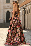 Strapless A Line White Pink Flower Printed Long Prom Dress with Bow