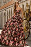 Black Pink A-Line Strapless Print Floral Long Prom Dress with Bow
