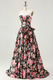 Black Pink Flower A Line Strapless Printed Long Prom Dress with Bow