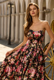 Black Pink A-Line Strapless Print Floral Long Prom Dress with Bow
