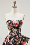 Black Pink Flower A Line Strapless Printed Long Prom Dress with Bow