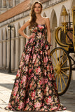 Black Pink A-Line Strapless Print Floral Long Prom Dress with Bow