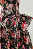 Black Pink Flower A Line Strapless Printed Long Prom Dress with Bow