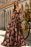 Black Pink A-Line Strapless Print Floral Long Prom Dress with Bow
