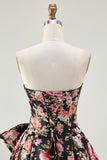 Black Pink Flower A Line Strapless Printed Long Prom Dress with Bow
