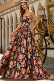 Black Pink A-Line Strapless Print Floral Long Prom Dress with Bow