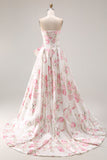 Strapless A Line White Pink Flower Printed Long Prom Dress with Bow