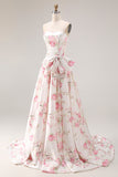 Strapless A Line White Pink Flower Printed Long Prom Dress with Bow