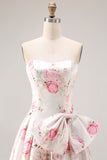 Strapless A Line White Pink Flower Printed Long Prom Dress with Bow