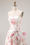 Strapless A Line White Pink Flower Printed Long Prom Dress with Bow