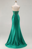 Dark Green Strapless Mermaid Corset Beaded Long Prom Dress with Slit
