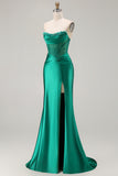 Dark Green Strapless Mermaid Corset Beaded Long Prom Dress with Slit