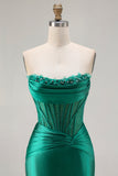 Dark Green Strapless Mermaid Corset Beaded Long Prom Dress with Slit