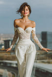 White Off the Shoulder Bridal Jumpsuits with Lace