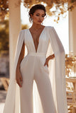White Deep V-Neck Bridal Jumpsuits with Cape