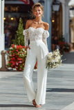 Lace White Off the Shoulder Bridal Jumpsuits with Pockets