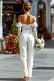 Lace White Off the Shoulder Bridal Jumpsuits with Pockets