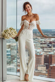 White Off the Shoulder Lace Appliqued Bridal Jumpsuits
