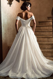 White Off the Shoulder A Line Wedding Dress with Slit