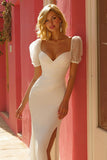 Ivory Mermaid Puff Sleeve Wedding Dress with Slit