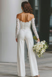 White Off the Shoulder Lace Bridal Jumpsuits with Pockets
