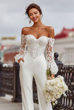 White Lace Off the Shoulder Bridal Jumpsuits with Pockets