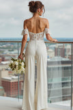 Ivory Ruffled Lace Off the Shoulder Bridal Jumpsuits