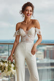 Ivory Ruffled Lace Off the Shoulder Bridal Jumpsuits