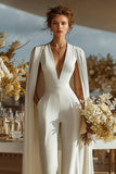 Ivory V-Neck Fitted Bridal Jumpsuits with Cape