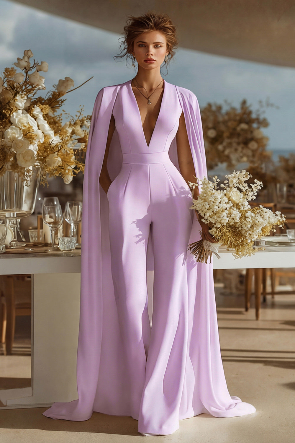 Zapaka Women Ivory Fitted Bridal Jumpsuits with Cape V-Neck Satin Long  Wedding Jumpsuits – ZAPAKA