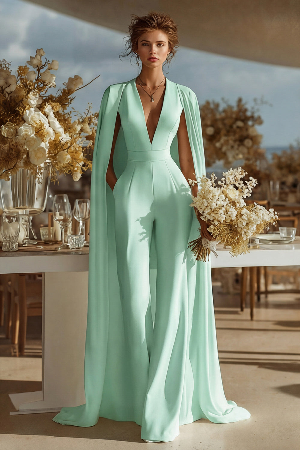 Zapaka Women Ivory Fitted Bridal Jumpsuits with Cape V-Neck Satin Long  Wedding Jumpsuits – ZAPAKA