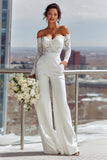White Off the Shoulder Lace Long Bridal Jumpsuits