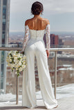 White Off the Shoulder Lace Long Bridal Jumpsuits