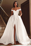 White Off the Shoulder Satin Sweep Train Wedding Dress with Slit