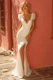 Ivory Short Sleeve Mermaid Wedding Dress with Slit