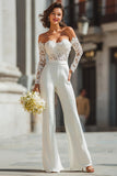 Off The Shoulder Lace White Wedding Jumpsuits