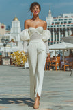 Off The Shoulder Ruched White Lace Wedding Jumpsuits