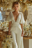Ivory Ruched Short Sleeve V Neck Wedding Jumpsuits