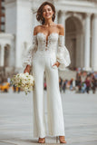 White Appliqued Long Sleeve Bridal Jumpsuits with Pockets