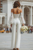 White Appliqued Long Sleeve Bridal Jumpsuits with Pockets