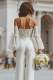 White Appliqued Long Sleeve Bridal Jumpsuits with Pockets