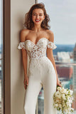 White Lace Off the Shoulder Bridal Jumpsuits