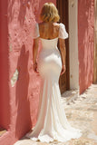 White Sweetheart Mermaid Puff Sleeves Wedding Dress with Slit