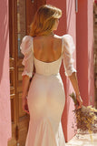 Ivory Mermaid V Neck Puff Sleeve Wedding Dress with Slit