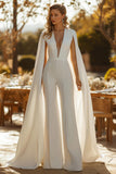 Ivory V Neck Cape Sleeve Wedding Jumpsuits